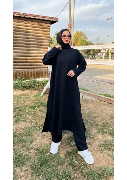 O Yaka Uzun Geniş Rahat Tunik Sade Basic Ikili Spor Takımı - 3040 - Siyah