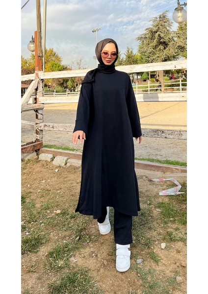 O Yaka Uzun Geniş Rahat Tunik Sade Basic Ikili Spor Takımı - 3040 - Siyah
