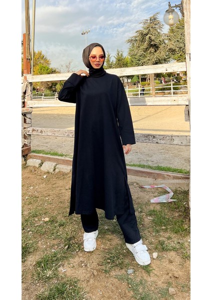 O Yaka Uzun Geniş Rahat Tunik Sade Basic Ikili Spor Takımı - 3040 - Siyah