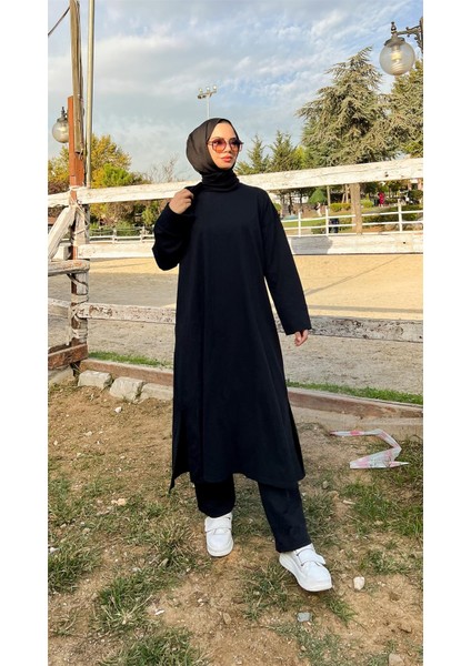 O Yaka Uzun Geniş Rahat Tunik Sade Basic Ikili Spor Takımı - 3040 - Siyah