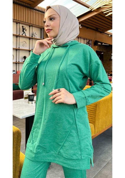 Kapşonlu O Yaka Sade Basic Ikili Eşofman Spor Takımı - 3039 - Benetton Yeşil