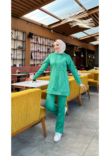 Kapşonlu O Yaka Sade Basic Ikili Eşofman Spor Takımı - 3039 - Benetton Yeşil