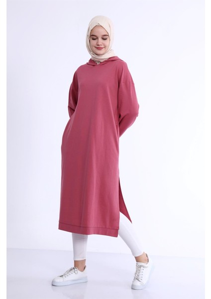 Atlas Kapüşonlu Midi Boy Sweatshirt - Gül Kurusu