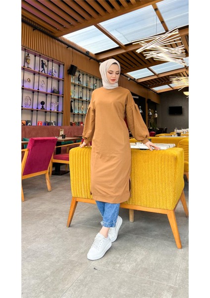 Hira Balon Kol Midi Boy Sade Basic Sweatshirt - 3031 - Taba indirimleri