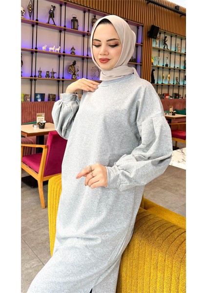 Hira Balon Kol Midi Boy Sade Basic Sweatshirt - 3031 - Gri fiyatları