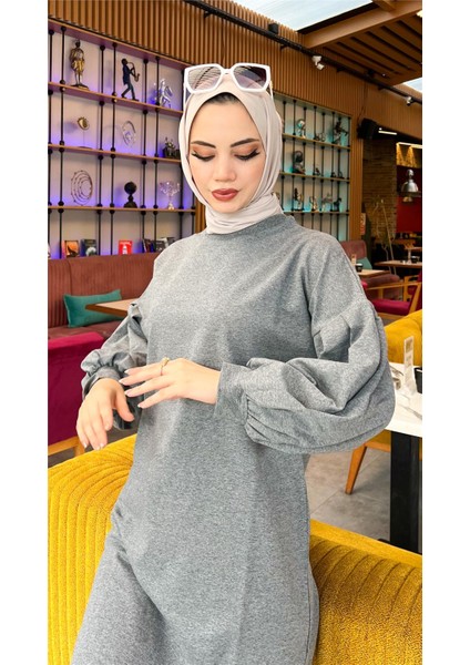 Hira Balon Kol Midi Boy Sade Basic Sweatshirt - 3031 - Antrasit fiyatları