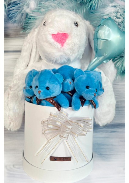 Özel Kututusunda; 45 cm Beyaz Jellycat Tavşan, 5'li Ayıcık ve Folyo Kalp Balonlu Set-Ayıcık Buketi