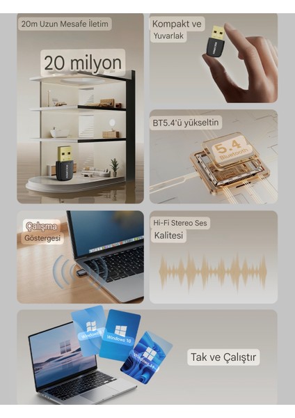 Rocoren Bluetooth Adaptör 5.4 Süper Hızlı Ce Lisanslı Yüksek Performans Düşük Gecikme Son Nesil Teknoloji 5.4 Ultra Hızlı fiyatları