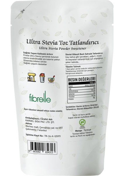 FİBRELLE ULTRA STEVİALI TATLANDIRICI 100 G 5 PAKET