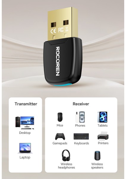 Rocoren Bluetooth Adaptör 5.4 Süper Hızlı Ce Lisanslı Yüksek Performans Düşük Gecikme Son Nesil Teknoloji 5.4 Ultra Hızlı indirimleri