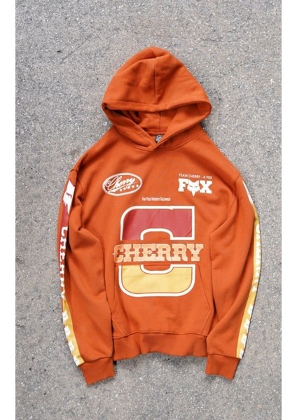 Cherry Fox Turuncu Baskılı Motorcu Sweatshirt