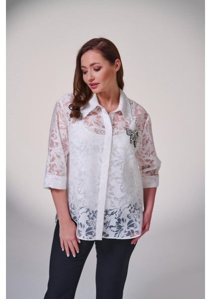 Büyük Beden Dantel Işleme Detaylı Abiye Gömlek