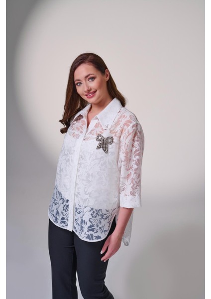 Büyük Beden Dantel Işleme Detaylı Abiye Gömlek fiyatları