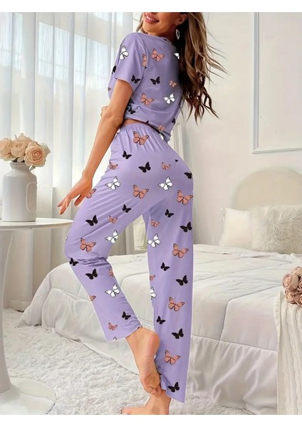 Aknbutik Kadın Kısa Kollu Bisiklet Yaka Kelebek Baskılı Süprem Ikili Takım