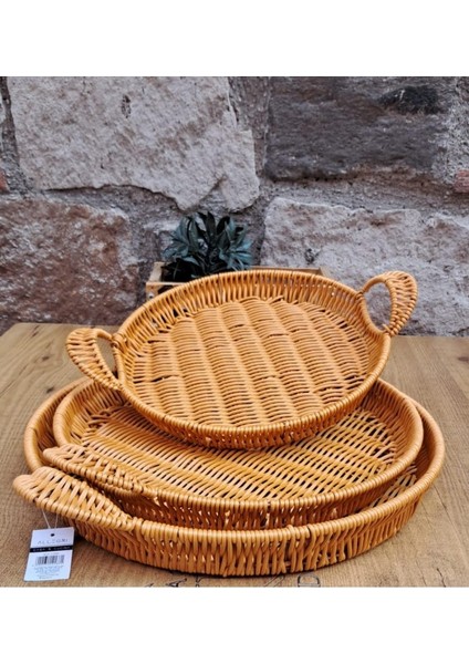 Homearths Örme 3'lü Yuvarlak Rattan Tepsi Seti