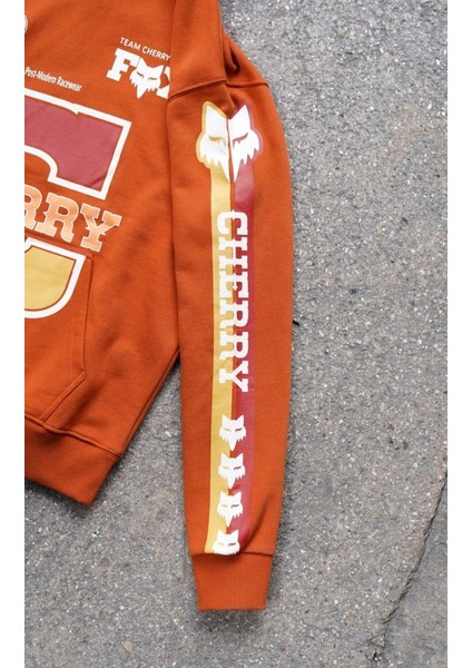 Cherry Fox Turuncu Baskılı Motorcu Sweatshirt indirimleri