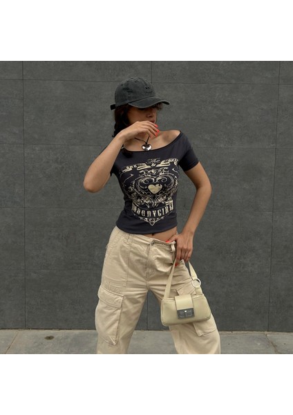 Füme Vintage Moodygirl Omuz Açık Kısa Kollu Crop fırsatları