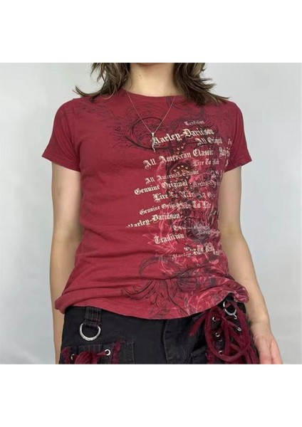 Kırmızı Skull Life Cyber Grunge Kısa Kollu Crop