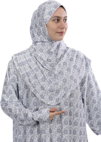 Pratik Tek Parça Desenli Kollu Tak Çıkar Başörtülü Likralı Tesettür Namaz Elbisesi 990-0307