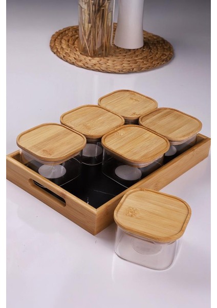 Duo 400ML 6'lı Bambu Siyah Mermer Desen Tepsili Bambu Vakumlu Kapaklı Cam Kahvaltılık