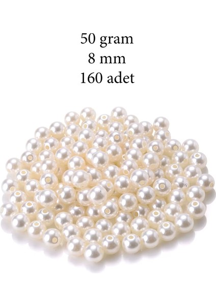 50 Gram 8mm Krem Renk Plastik İnci Boncuk Çanta Ve Takı Yapım Boncuğu (~160 Adet)