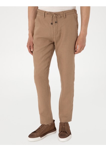 Erkek Kahverengi Carrot Fit %100 Keten Kanvas Pantolon 50285714-VR197