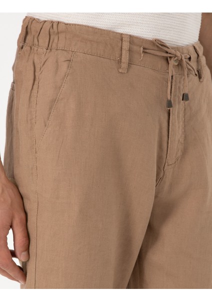 Erkek Kahverengi Carrot Fit %100 Keten Kanvas Pantolon 50285714-VR197
