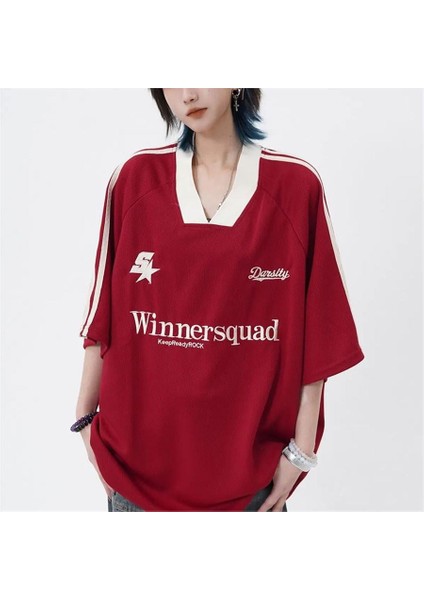 Beyaz Şerit Detay Kırmızı Winnersquad V Yaka Unisex T-Shirt
