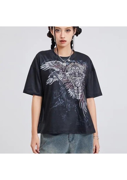 Siyah Vintage Angel Wings Cross Cyber Grunge Unisex T-Shirt modelleri