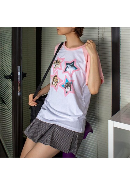 Pembe Kollu Beyaz Raglan All Star Cats (Unisex) T-Shirt fiyatları