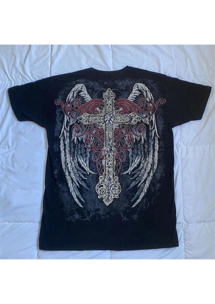 Siyah Vintage Angel Wings Cross Cyber Grunge Unisex T-Shirt