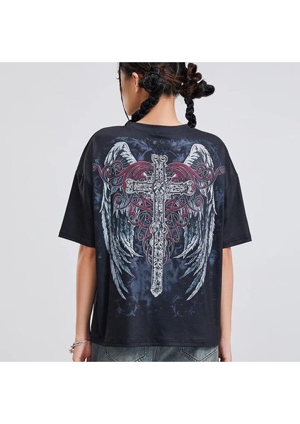 Siyah Vintage Angel Wings Cross Cyber Grunge Unisex T-Shirt fiyatları