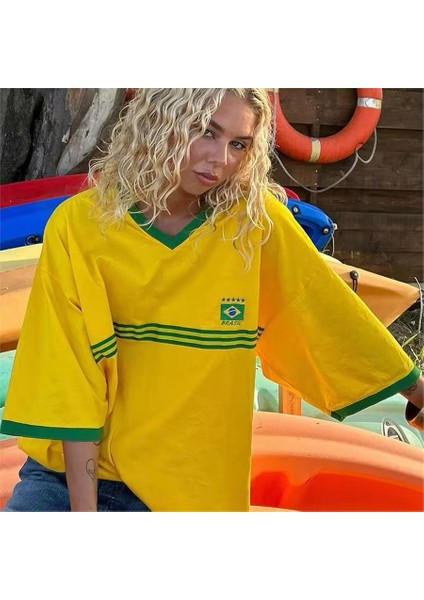 Sarı Vintage Şeritli Brasil V Yaka Oversize Bol Kalıp Unisex T-Shirt