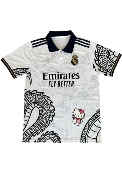 Beyaz Kitty Madrid Dragon Jersey Siyah Düğmeli Yaka T-Shirt