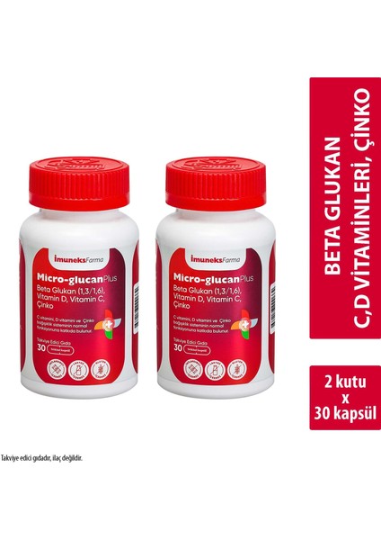 Imuneks Farma Mikro-Glucan Plus Beta Glukan (1,3/1,6), Vitamin D, C ve Çinko Içeren Takviye Edici Gıda 30 Kapsül x 2 Adet
