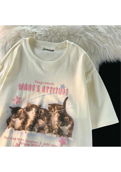 Wang's Attitude Kittens Ekru Unisex T-Shirt Pamuk Karışımlı Kısa Kol Normal Kesim