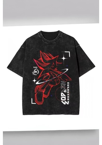 Siyah Yıkamalı Sonic Red Line Stars Unisex T-Shirt