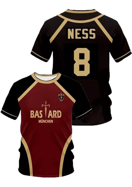 Siyah Bordo Anime Blue Lock 8 Ness Forma Unisex T-Shirt