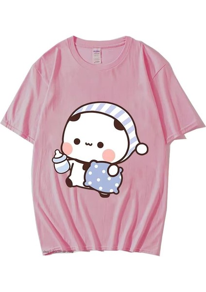 Pembe Bubu Dudu Panda Sleepy Çift Unisex T-Shirt
