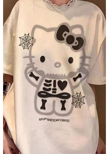 Beyaz Hello Kitty Spooky Skeleton Unisex T-Shirt