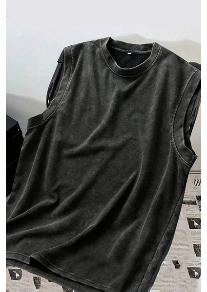 Siyah Yıkamalı Harajuku Kolsuz Unisex T-Shirt