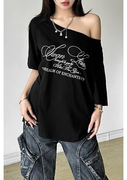 Siyah Swan Lake Salaş Omuz Dekolteli T-Shirt