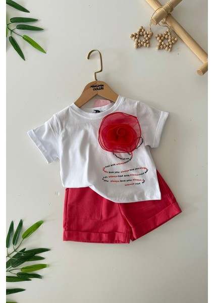 Minigimin Cicileri Gül Desenli Kız Çocuk Şortlu 2 li takım - Kırmızı