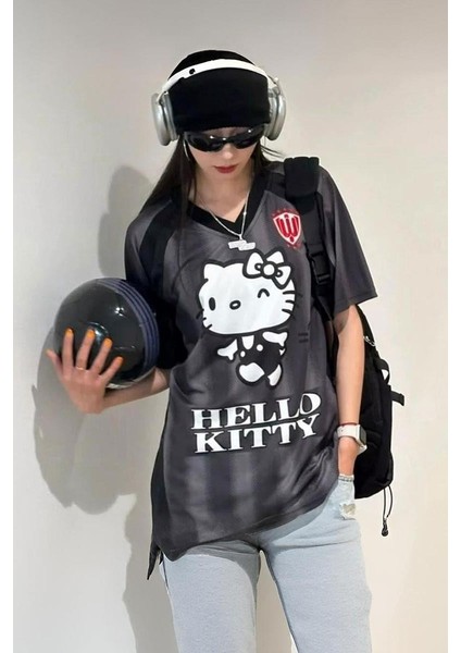 Siyah Çizgili V Yaka Hello Kitty Whoosis Unisex T-Shirt