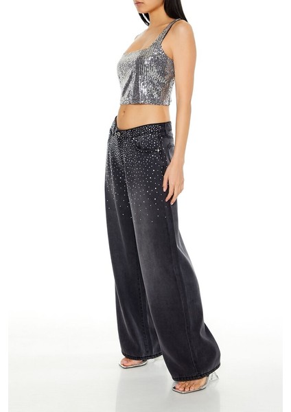 Taşlı Low-Rise Baggy Jean Pantolon fırsatları