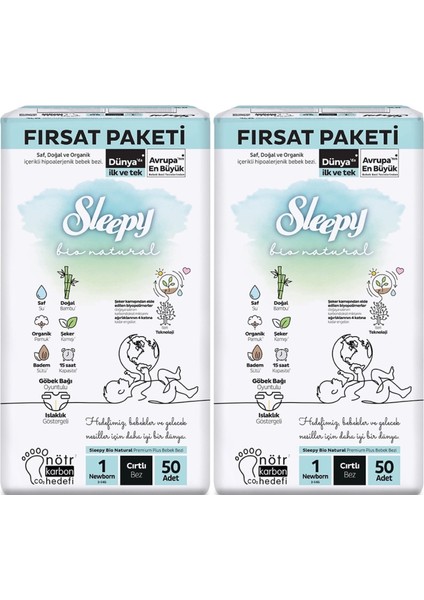 Bebek Bezi Bio Natural Beden: 1 (2- 5kg) Yeni Doğan Newborn 100 Adet Ekonomik Fırsat Pk