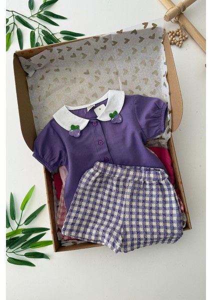 Ekose Şortlu Meyve Örgü Desenli Kız Çocuk 2 li takım - Mor