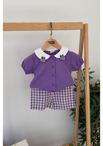 Ekose Şortlu Meyve Örgü Desenli Kız Çocuk 2 li takım - Mor fiyatları