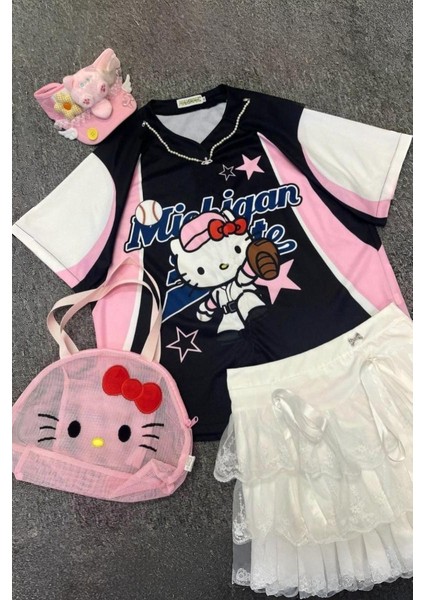 Pembe Siyah Hello Kitty Michigan Sports Forma Unisex T-Shirt