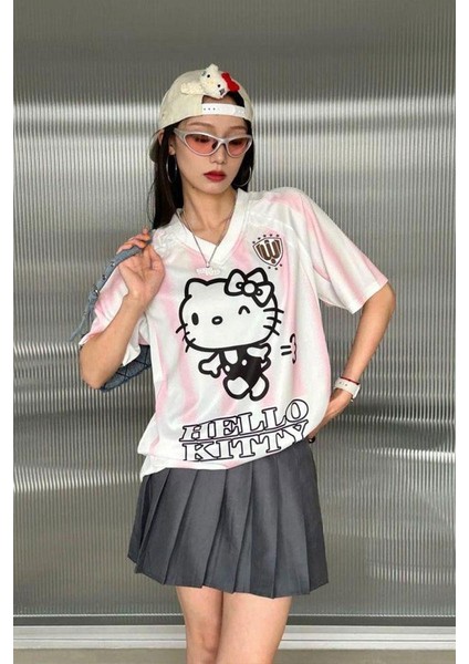 Pembe Çizgili V Yaka Hello Kitty Whoosis Unisex T-Shirt